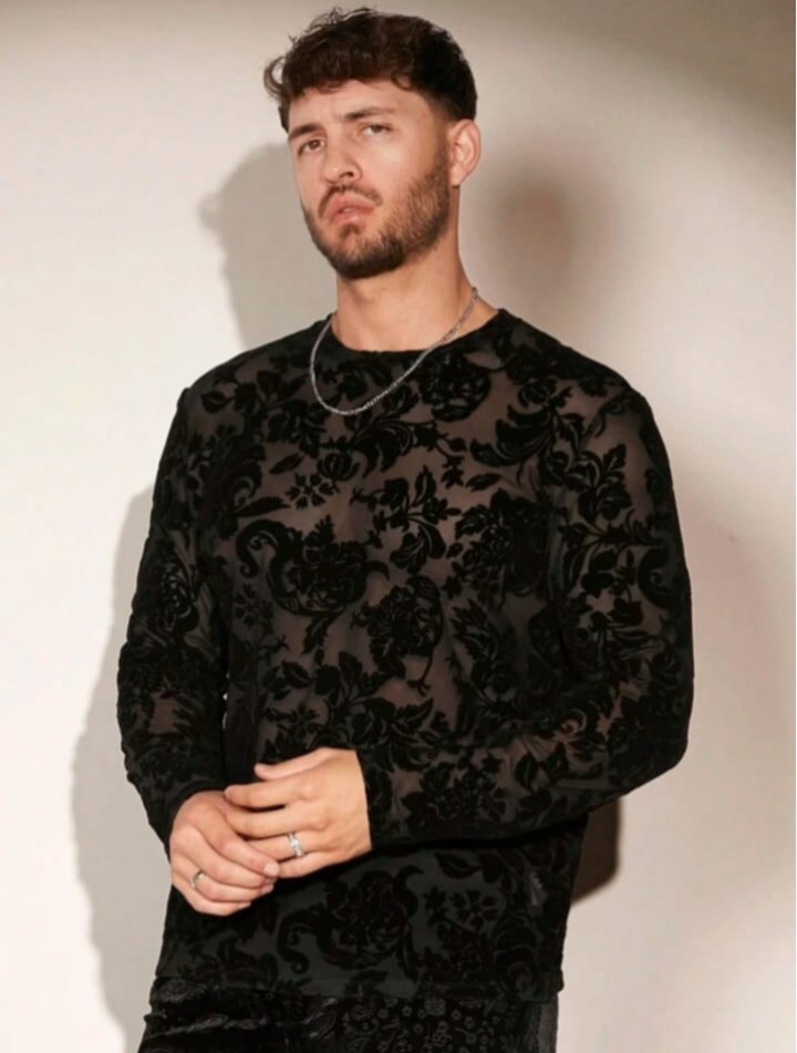 Men's Floral Print Sheer Mesh Long Sleeve T-Shirt